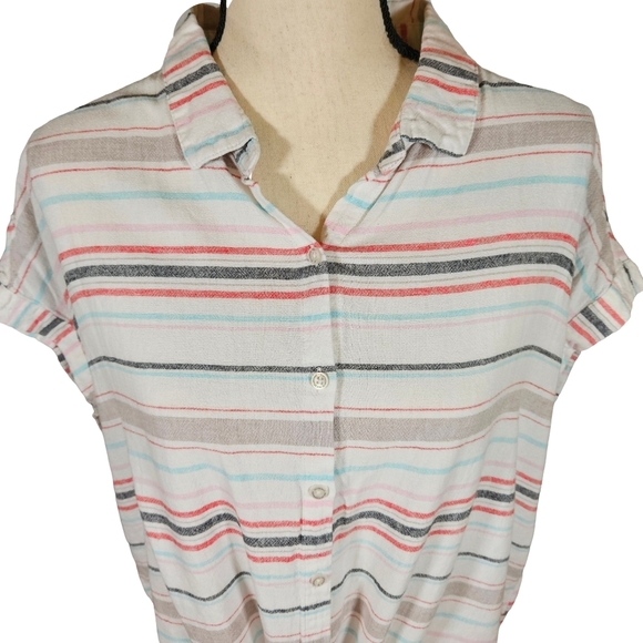 Weatherproof Vintage Washable Linen Blend Striped Button Up Shirt, Multi, Large - Picture 2 of 11